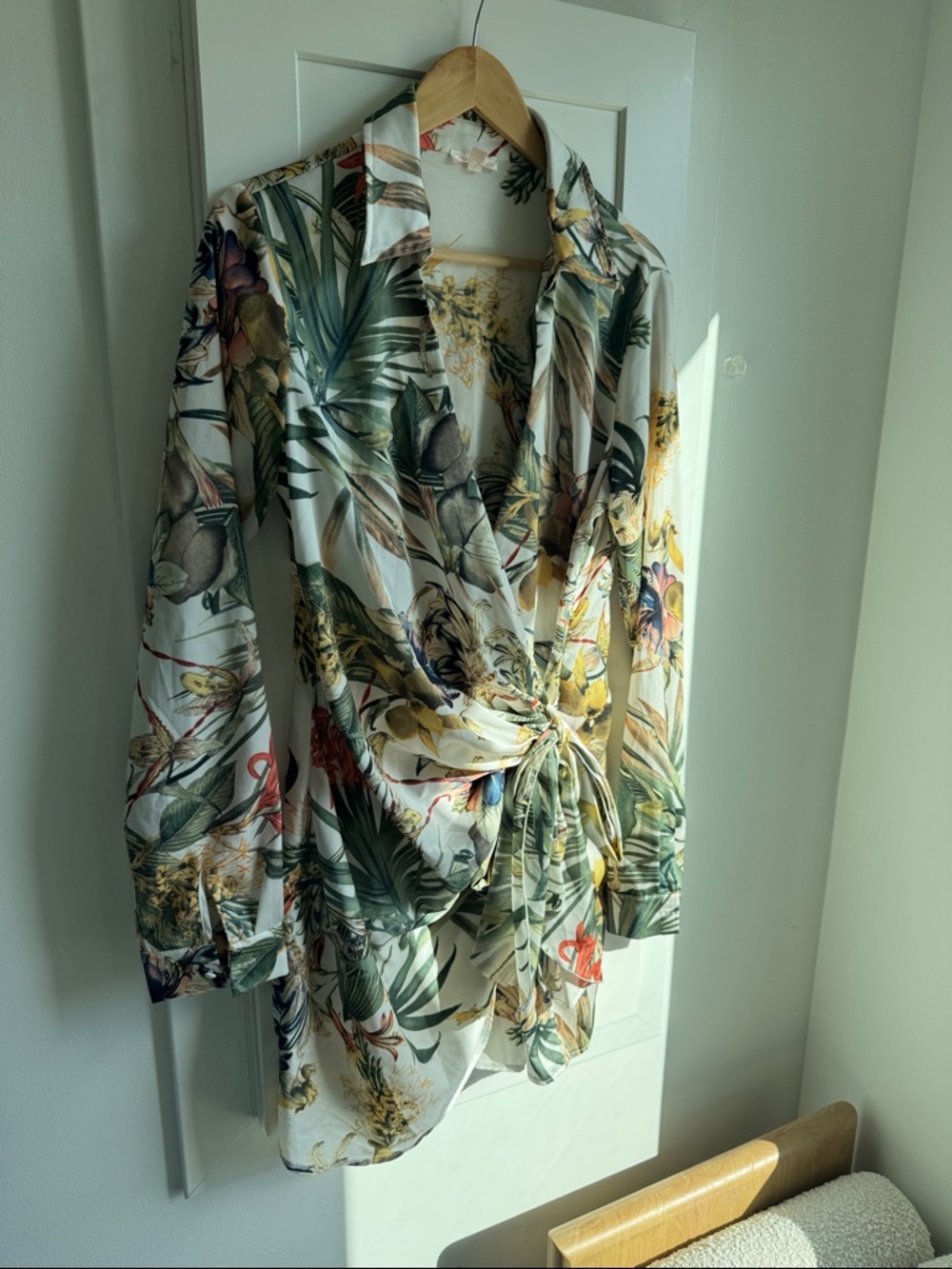 Vici Tropical Floral Wrap Dress in White, Green, Yellow - Picture 8 of 12